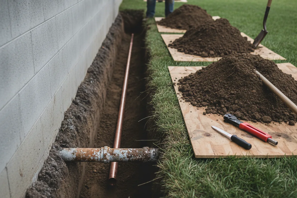 Excavated water line trench during Water Heater Repair in Hallstead